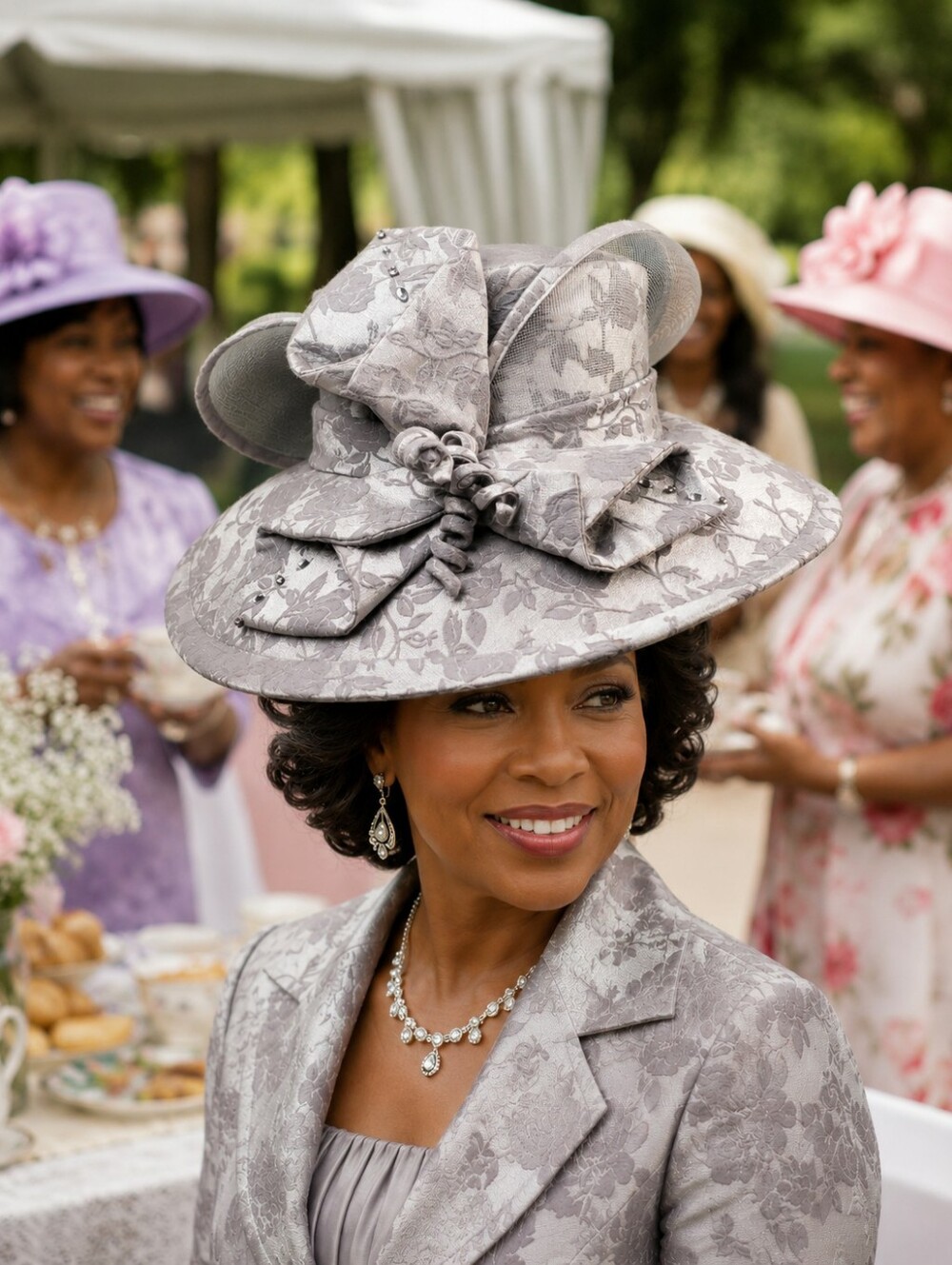 ML Studio Church Hat in Metallic Silver & Gray Floral Jacquard - OS (Size 7)